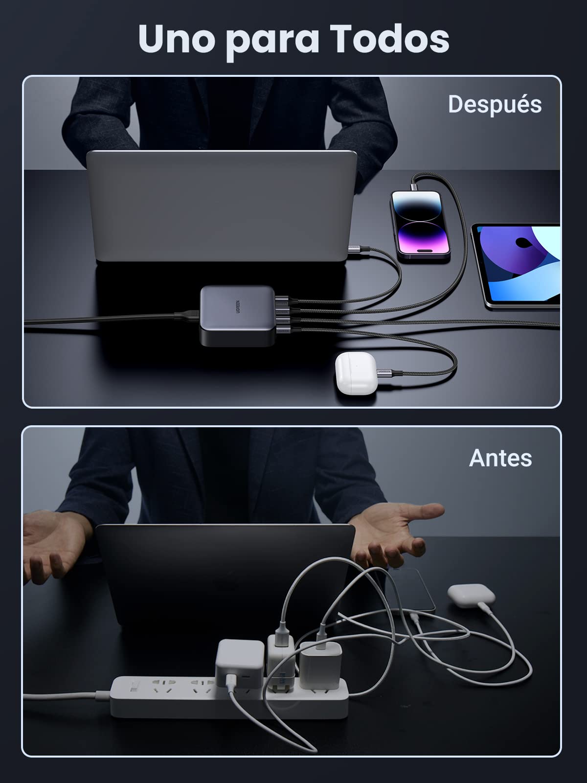 UGREEN Nexode 100 W Cargador USB C Rápido Escritorio 4 Puertos con GAN II Tech Compatible con iPhone 16 Plus Pro MAX 15 14 13 12 MacBook Pro Air iPad Galaxy S24 Ultra Plus 2 M Cable de alimentación