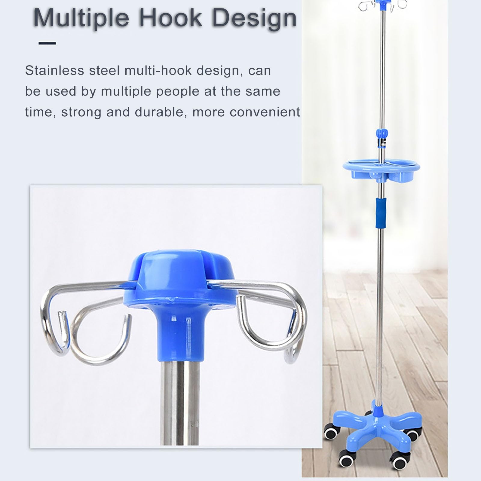 Soporte para Suero Intravenoso de Acero Inoxidable, Soporte para Infusión Portátil con 4 Ganchos para el Hospital y el Hogar, Altura Ajustable (Size : With wheels)