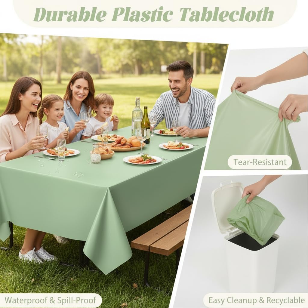 3 Pack Sage Green Plastic Tablecloth 54x108 inch Disposable Rectangle Table Cloth Waterproof Tablecloth for Baby Shower Family Dinners Holiday Parties