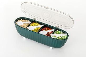 TYAGY 4 Compartments Seasoning Box with Lid, Seasoning Storage Box Container, Seasoning Box with Cover and Serving Spoons, Kitchen Condiment Jars, Plastic Seasoning Box Set (MultiColor / 1 Pcs)