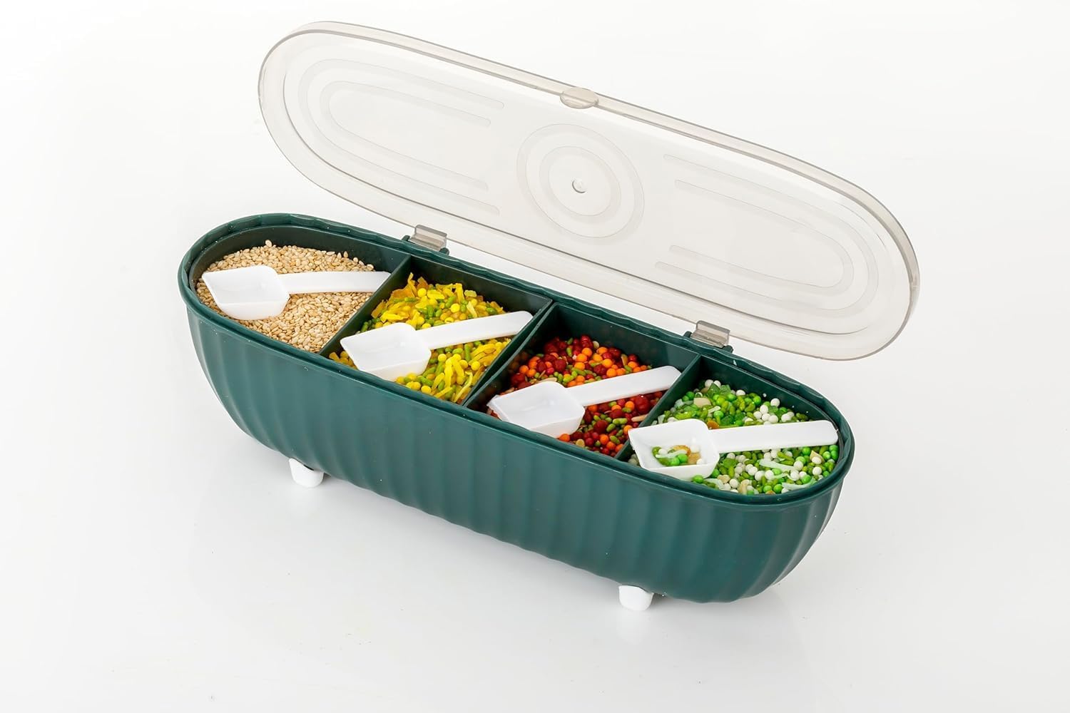 TYAGY 4 Compartments Seasoning Box with Lid, Seasoning Storage Box Container, Seasoning Box with Cover and Serving Spoons, Kitchen Condiment Jars, Plastic Seasoning Box Set (MultiColor / 1 Pcs)-image-22