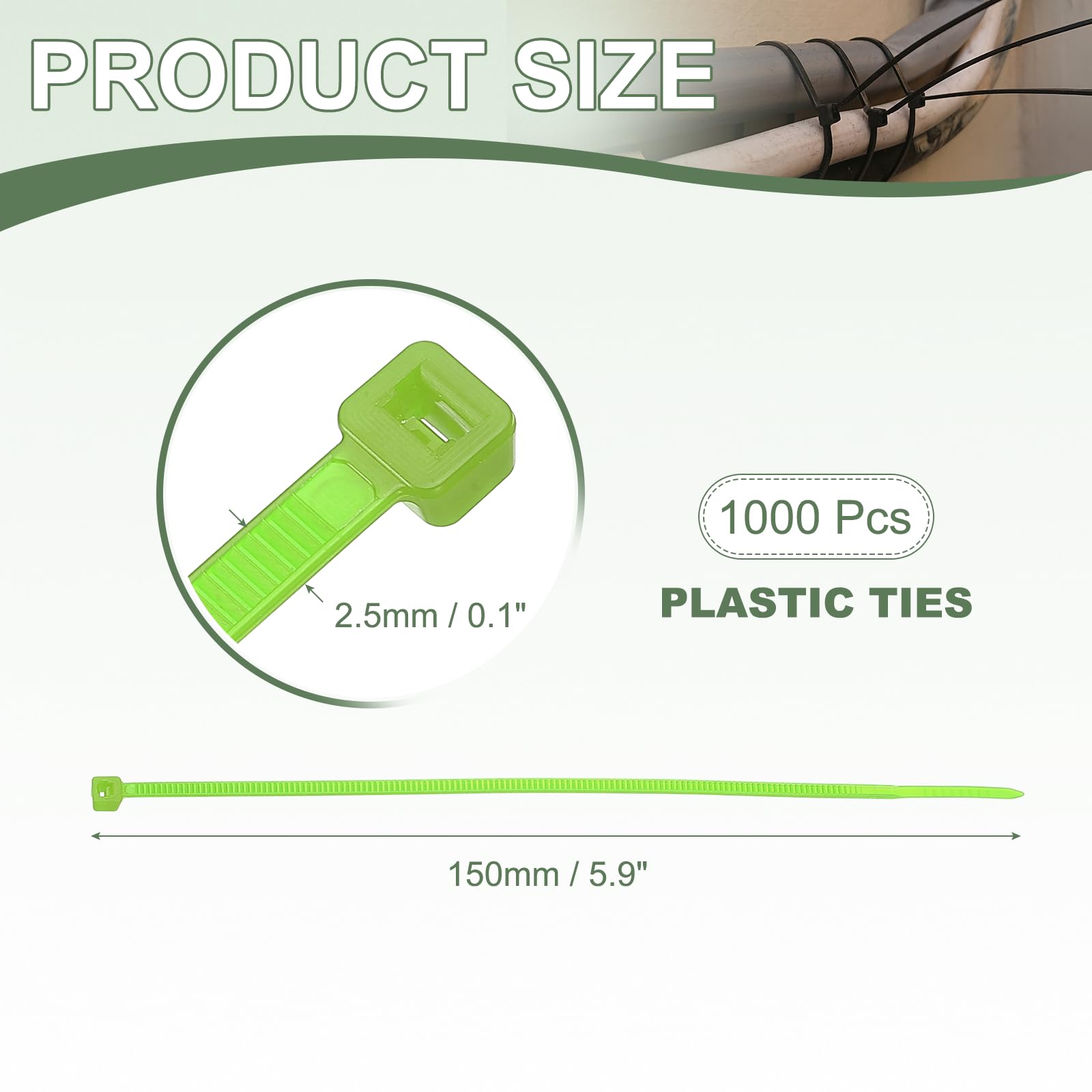 YELARXI Zip Ties Plastic Cable Ties, Self-Locking Wire Zip Tie 6 Inch Fit for Home Garden Office Workshop Travel - (1000 Pack, Bright Green) - Image 2
