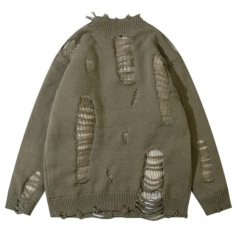 Hollow Out Ripped Sweater Distressed Knit Cardigans Men Oversized Hip Hop Knit Sweaters2