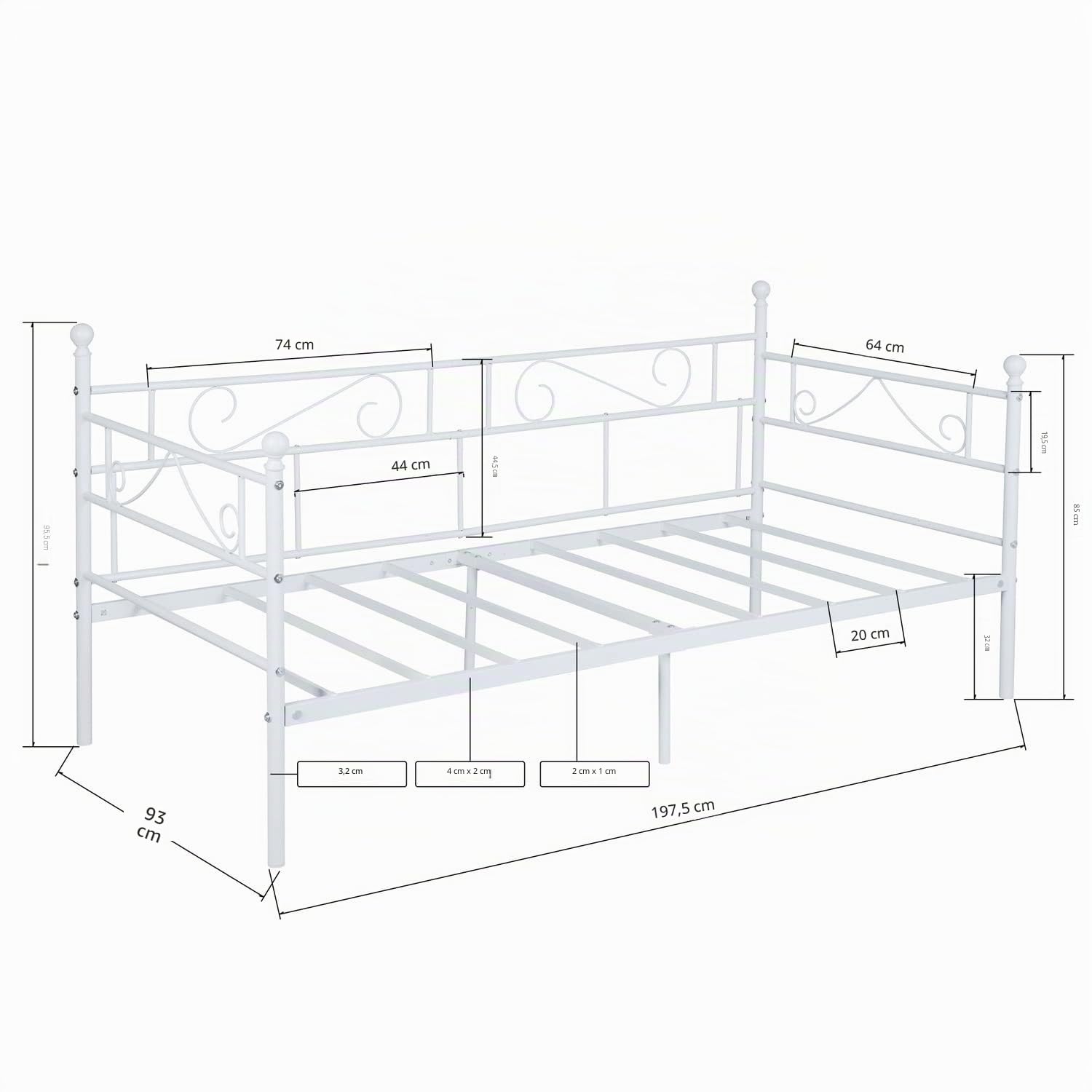 Divano Letto Singolo in Metallo Struttura Letti e Basi in Ferro Battuto per Adulti 90x190cm Bianco