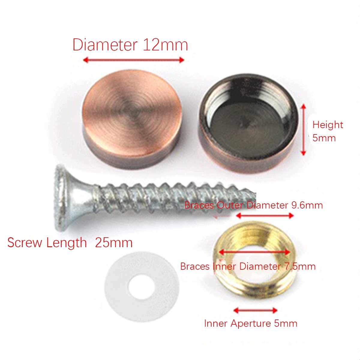 Unifizz Mirror Screws, 12mm Copper Mirror Nails with Decorative Caps, Brass Mirror Covers Hardware and Rubber Washer for Bathroom Wardrobes Mirror Panels Table, Red Bronze, 4pcs