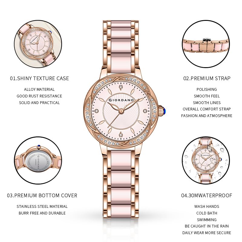 Image of Giordano Flower Case Watch for Women with Crystal-Studded Bezel, Diamond Hour Markers & Dual Tone Stainless Steel Strap