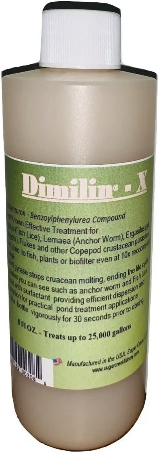 - Eight oz Bottle Dimillin-X Koi & Goldfish Treatment Anchor Worm Fish Lice PKF