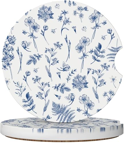 Posavasos de cerámica absorbente para automóvil, diseño de flores azules vintage, paquete de 2 unidades, accesorios antideslizantes para el interior