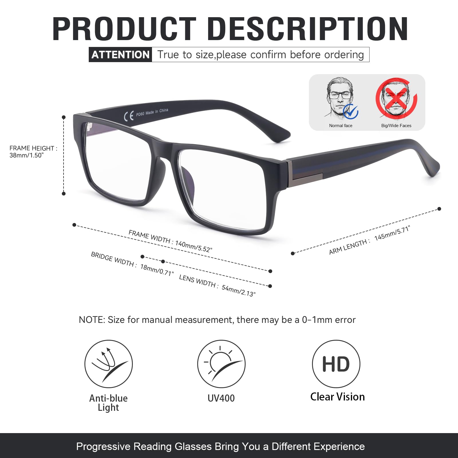 Missfive 2 Pack Unzerbrechlich Gleitsichtbrille Herren TR90 Dicker Rahmen multifokale lesebrille Blaulichtfilter Gleitsicht Lesebrille (Schwarz&Grau, Nähe-Mittlere Entfernung, 150x)