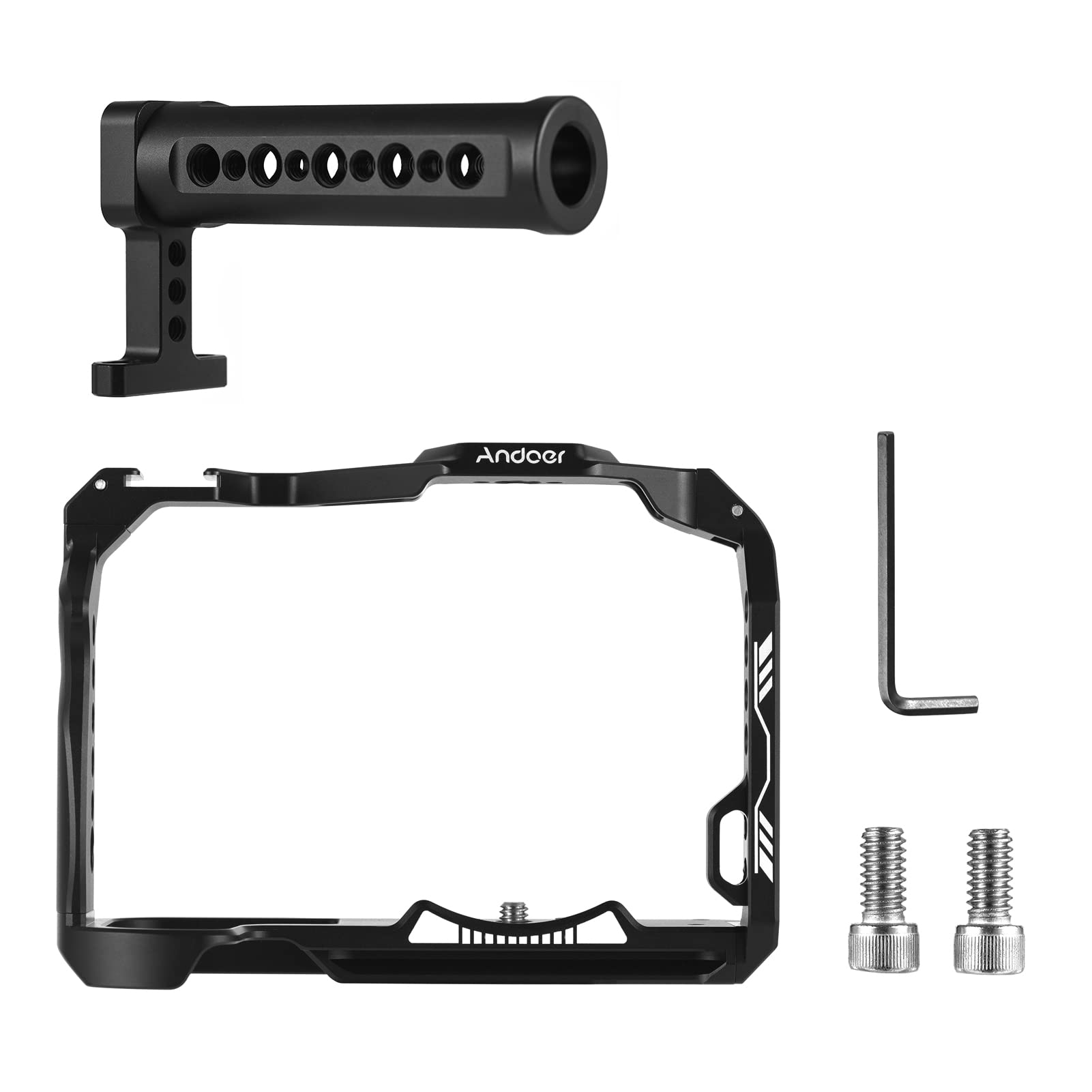 Andoer Jaula para cámara + mango de aleación de aluminio con soporte para zapatos fríos, muchas roscas de 1/4 pulgadas de repuesto para cámara Canon R7
