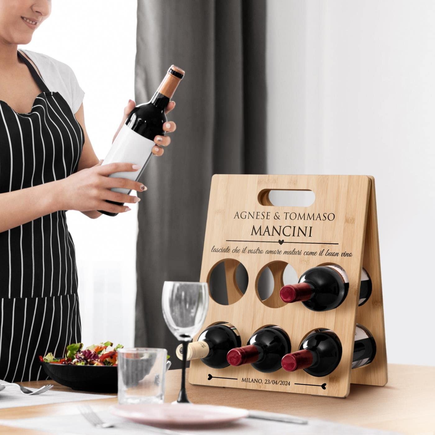 Maverton Mensola portabottiglie da vino - Spazio per 6 bottiglie - Stampa personalizzata - In legno - Cantinetta per vino - Per anniversario di matrimonio - Per coppia - insieme
