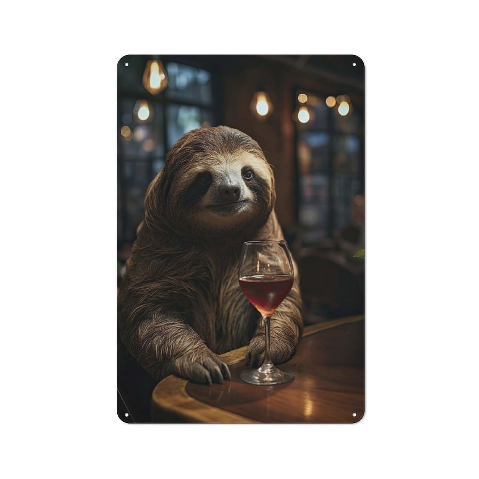 Wine Sloth Portrait Metal Wall Sign 30x20cm, Rustic Classic Pub Decor for Cafe, Pub, Workshop Or Home Bar