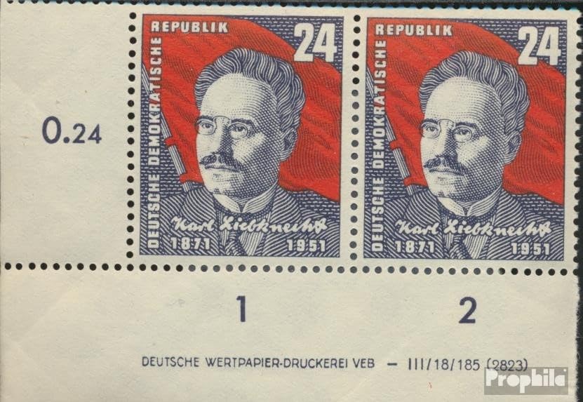 Sellos con goma original MNH Prophila DDR 294DV 1 de 1951 del cumpleaños de Liebknecht