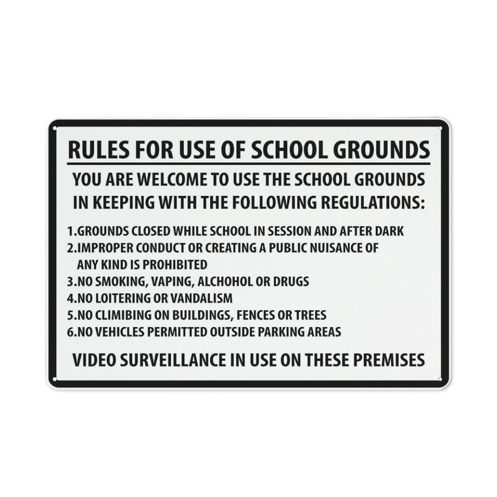 Rules For Use Of School Grounds Sign, 8x12 Inch UV-Printed Aluminum Outdoor Sign, Weatherproof Security Sign for Home or Business