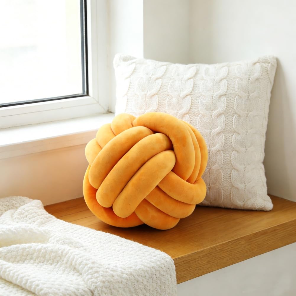 Almohadas de Bola de Nudo, Knot Pillow Ball, Cojín Redondo Suave, Almohada Peluche Tejido a Mano Cojines Cojín Decorativa para Hogar, Sofá, Cama, Decorativo (27cm, Amarillo)