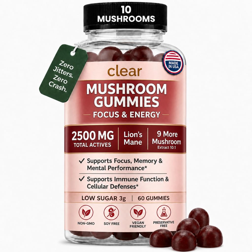 Clear Mushroom Gummies for Adults, Lions Mane 10 Mushroom Focus Supplement