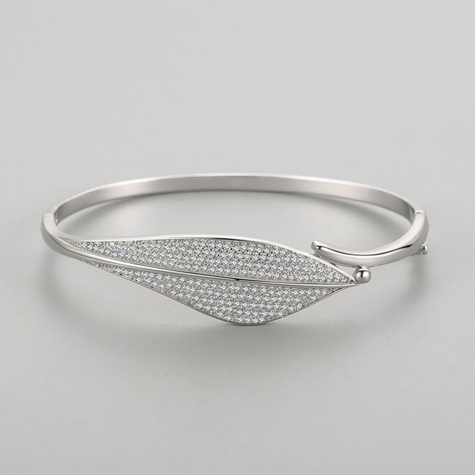 Pulsera para Mujer de Oro Blanco 9K / 14K / 18K, Hojas con Moissanita, Cadena 16 CM, Pulsera para Mujer de Plata