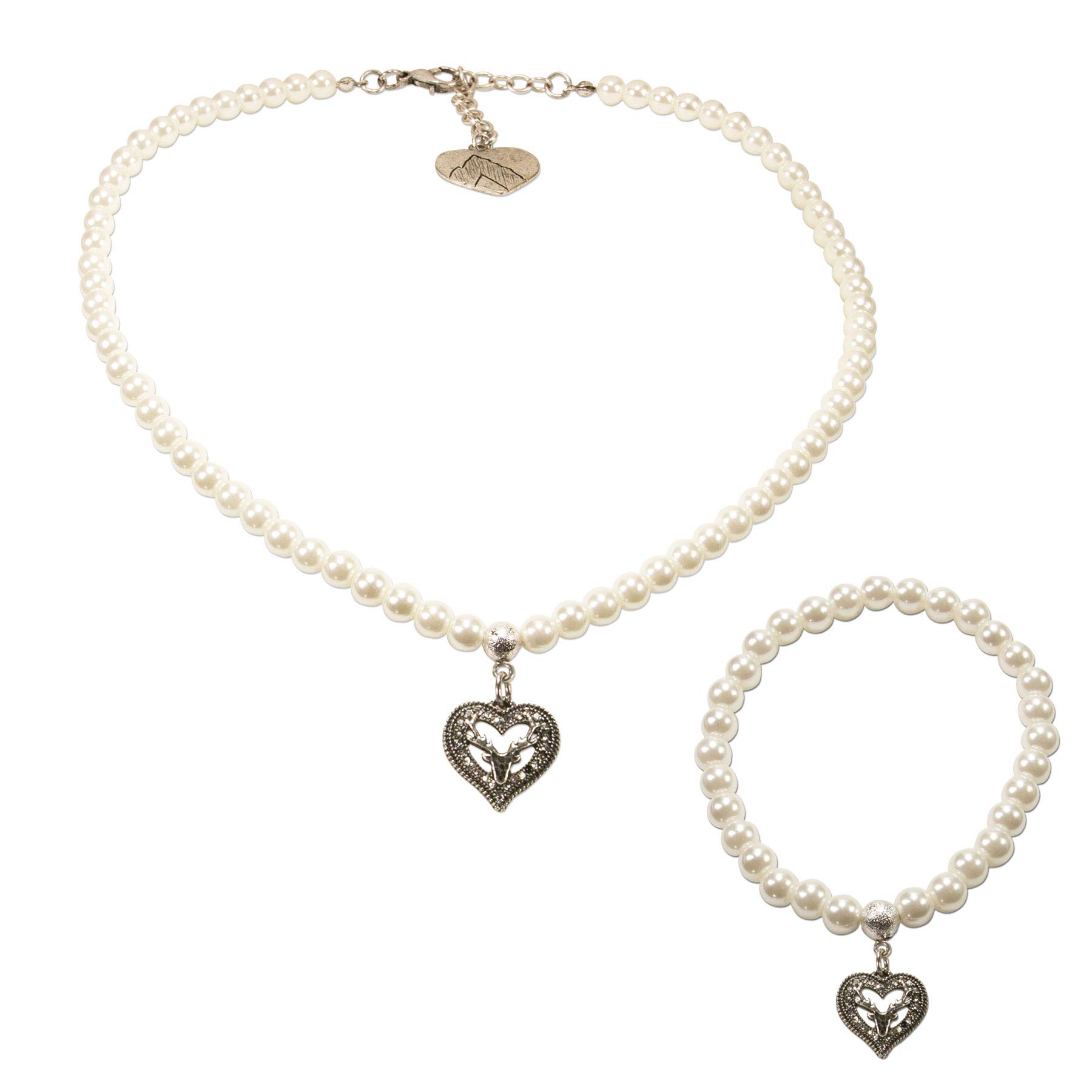 Alpenflüstern Trachtenschmuck-Set Perlen-Trachtenkette und Trachten-Armband Strassherz Hirsch - Damen-Trachten-Schmuck, Trachtenset Dirndl-Kette und Trachten-Armkette creme-weiß SET037