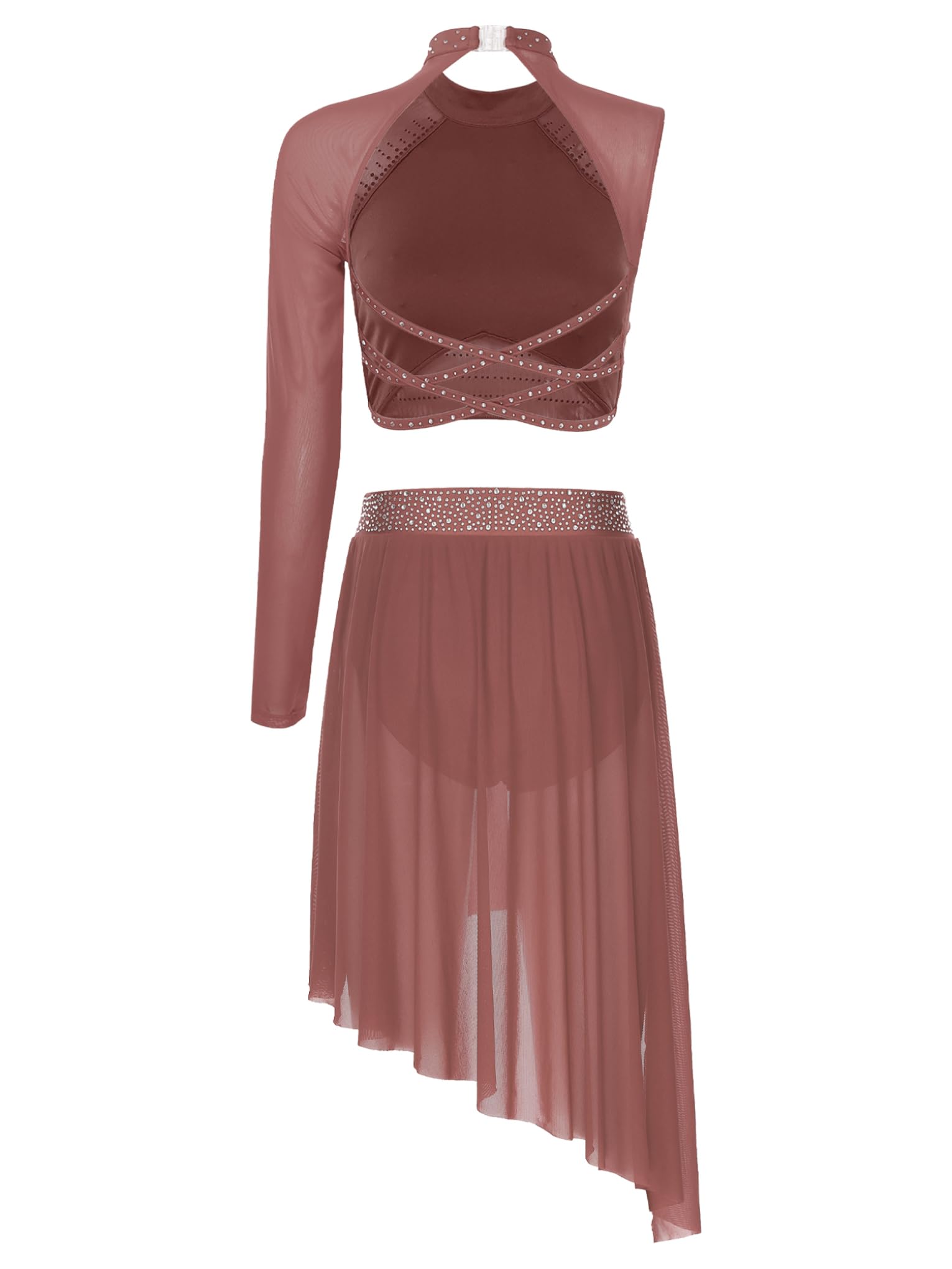 Jan Jean Lyrical Dance Costume for Women Sheer Mesh Crop Top with Shiny Rhinestones Gymnastics Skirted Dustypink Small