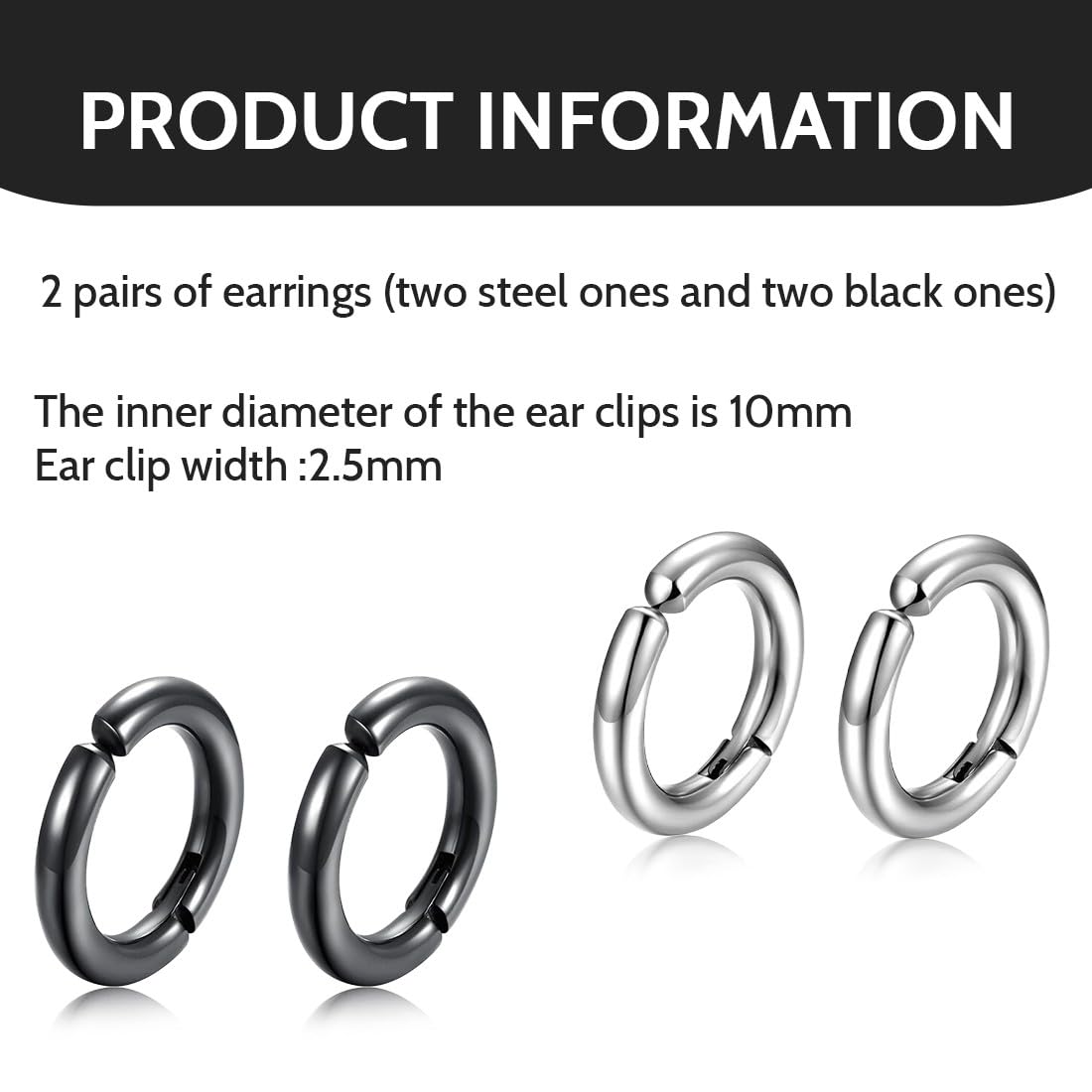 2 Paia Orecchini Non-Piercing, Acciaio Inossidabile, Design a Cerchio, Argento/Nero, Clip On