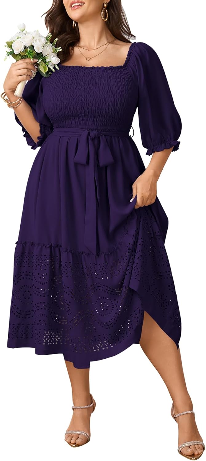 Women's Plus Size Wedding Guest Dress 3/4 Sleeve Square Neck Smocked Empire Waist Tie Boho Eyelet Maxi Long Dresses