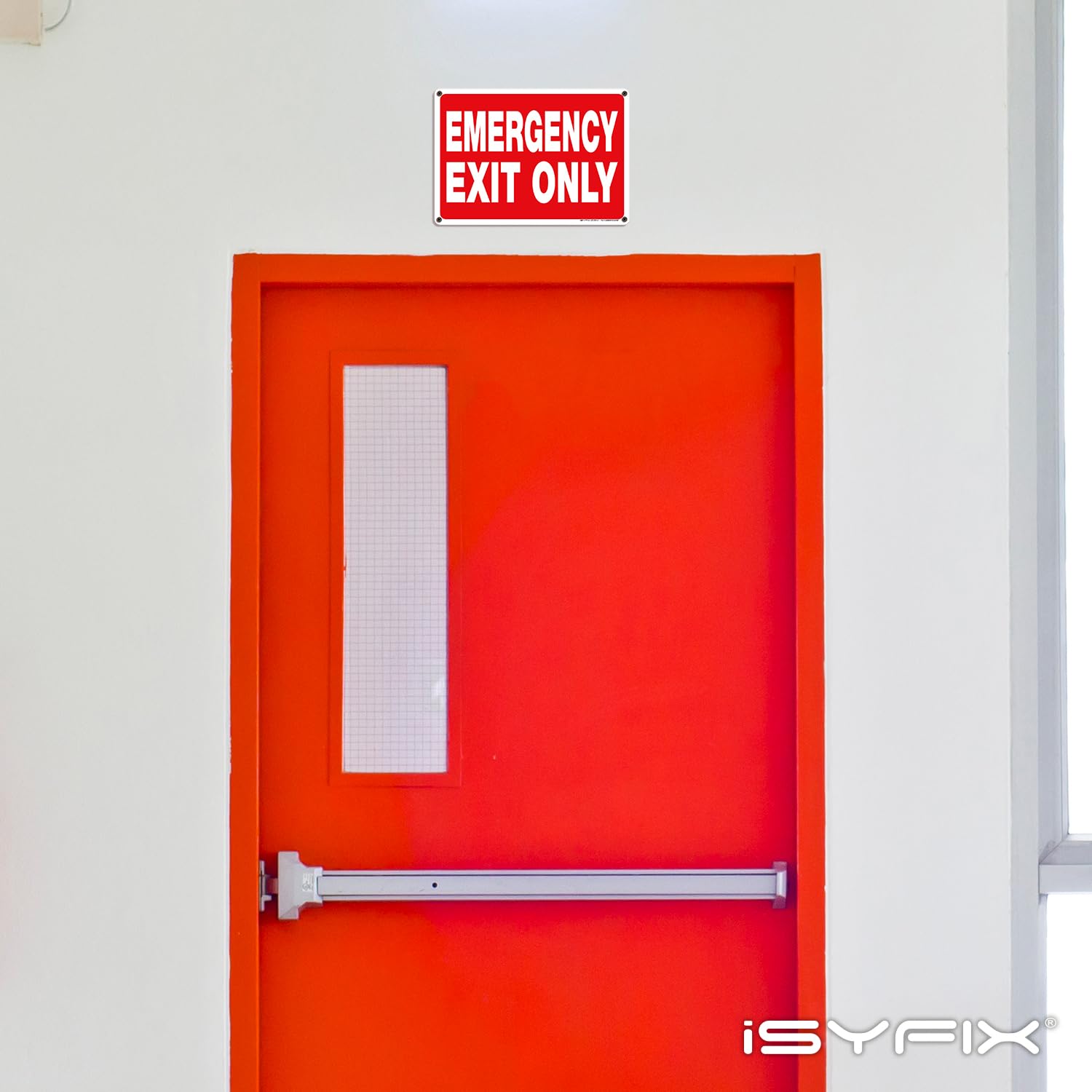 iSYFIX Señales de salida de emergencia – Paquete de 5 carteles de 10 x 7 pulgadas – 100 % libre de óxido de aluminio .040, laminados para máxima resistencia a los rayos UV, a la intemperie, a los