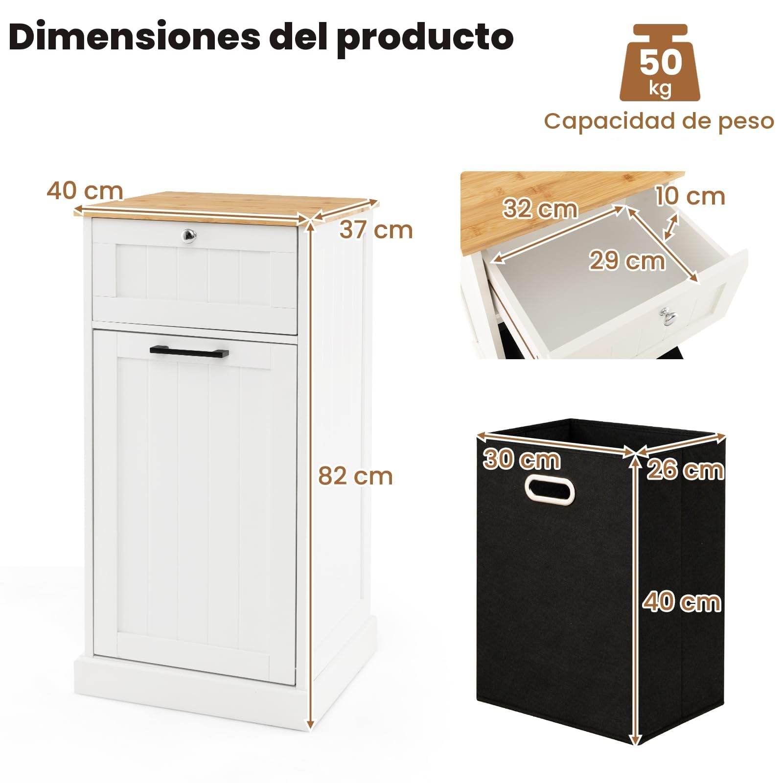 KOMFOTTEU Armario de Cocina con Soporte para Cubos de Basura, Aparador Bajo con Puerta Inclinable y Cajón, Mueble de Almacenamiento para Baño, Lavandería (Puerta única)