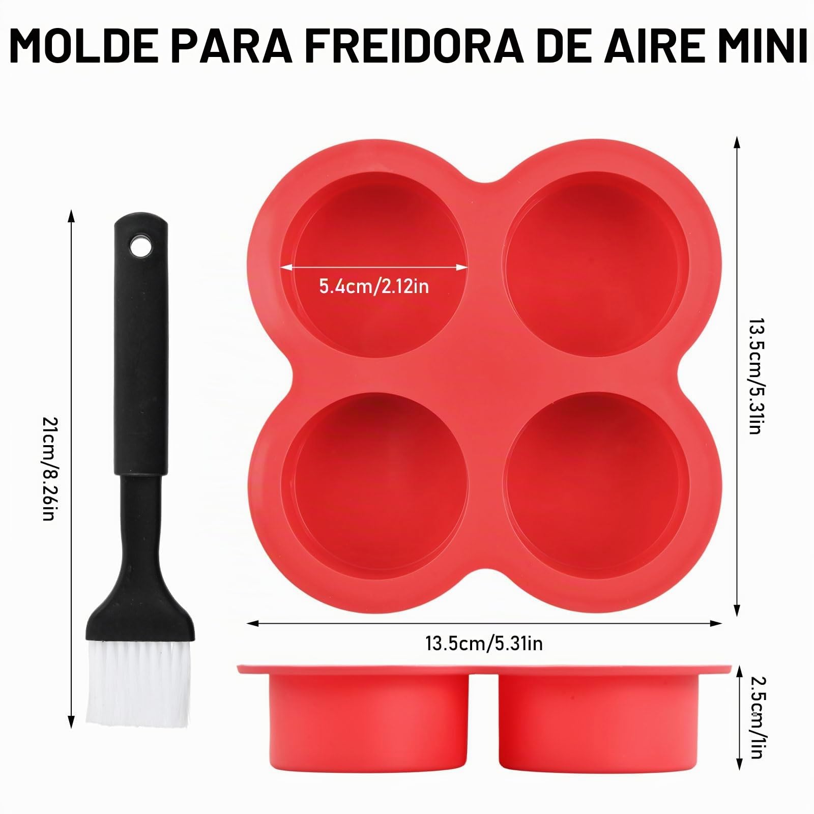 2 Piezas Molde de Silicona con Pincel para Magdalenas, Molde Repostería 4 Cavidades Antiadherente, Molde Cupcake Mini, Sin BPA para Horno, Air Fryer, Lavavajillas (Rojo)
