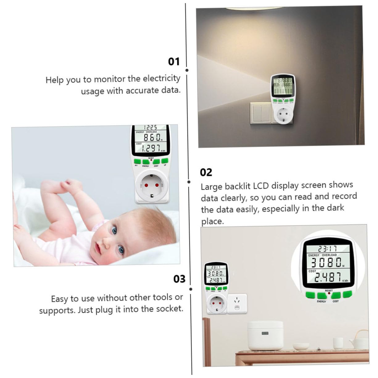 Misuratore Consumo Energetico con Display Lcd e Protezione Sovraccarico Contatore Energia Casa
