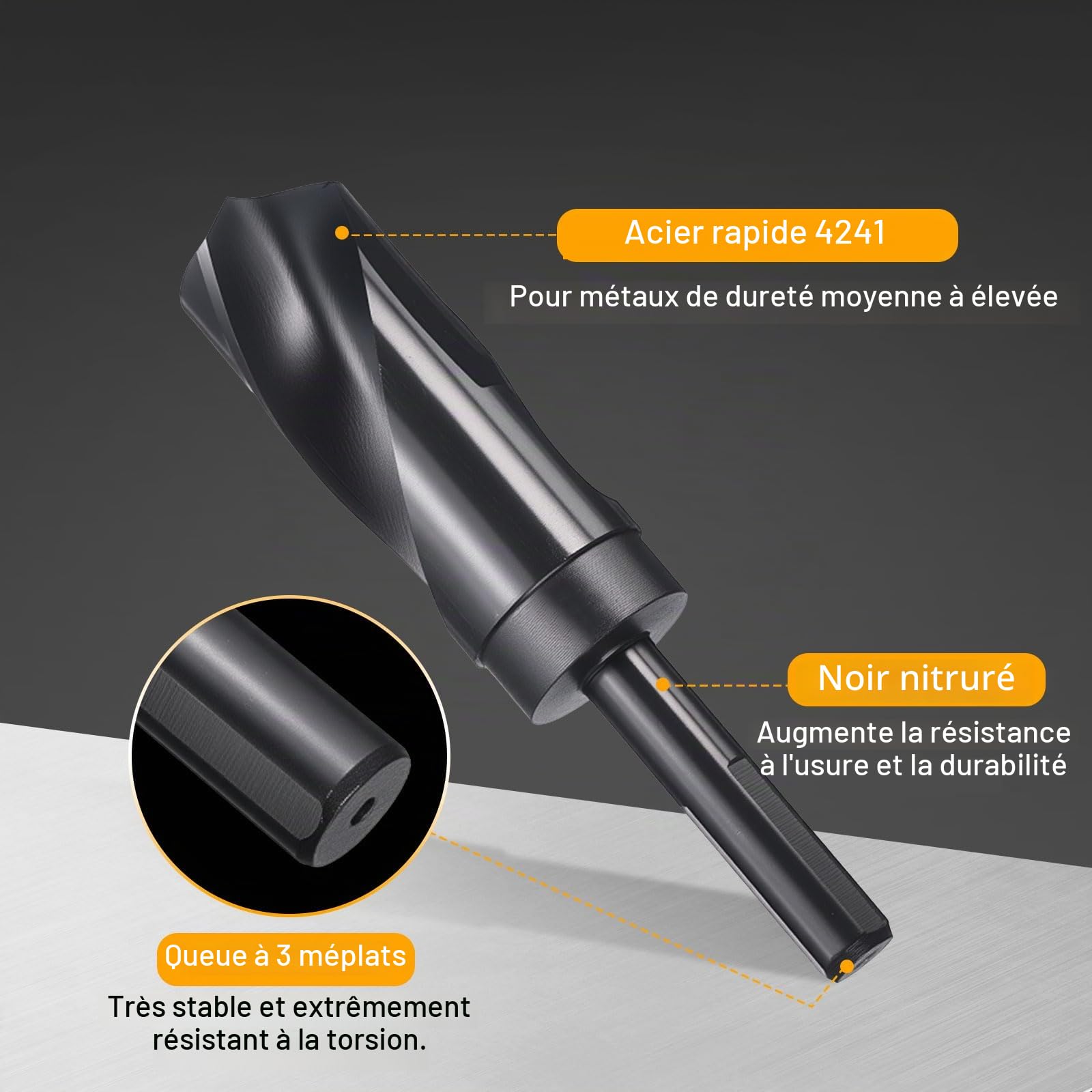 sourcing map Foret de 32 mm, tige réduite de 1,3 cm, 3 plats, en acier rapide 4241, pointe standard à 118°, pour plastique, bois, cuivre, aluminium, fer, métal souple moyen
