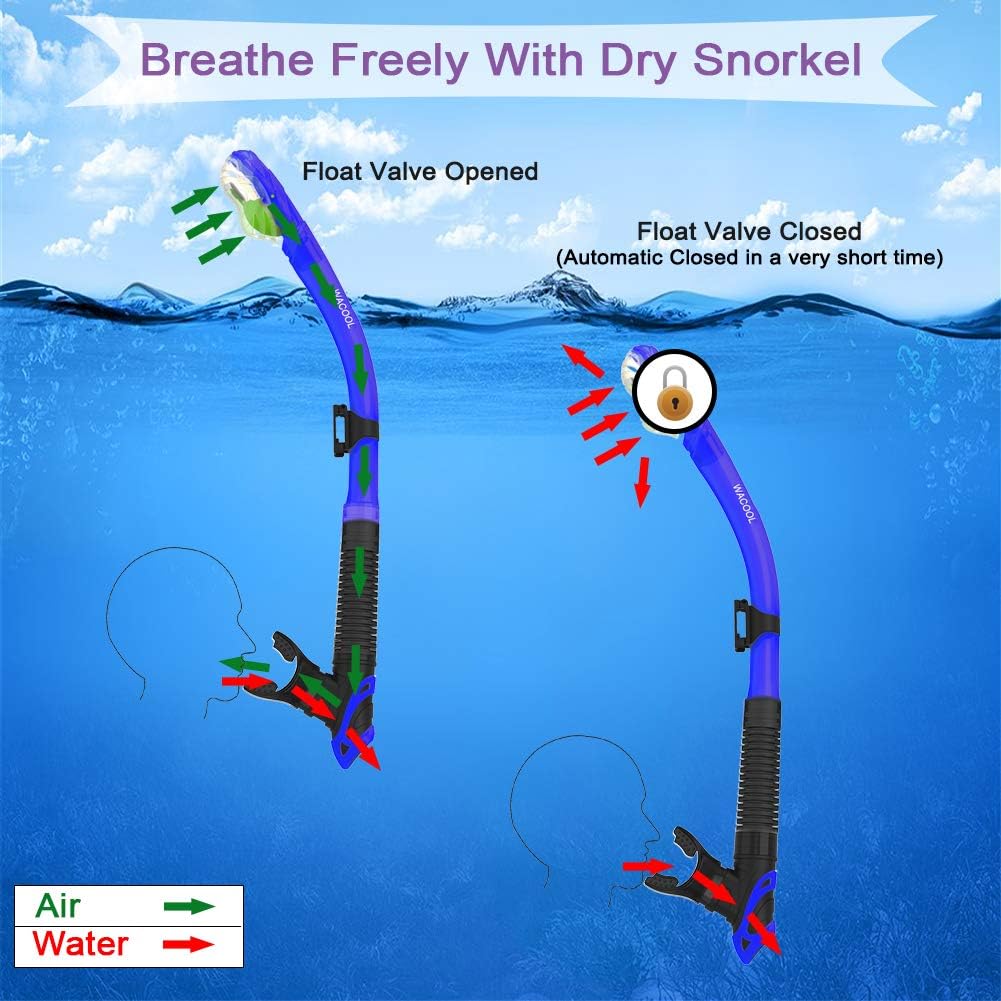 WACOOL Adults Snorkeling Snorkel Scuba Diving Package Set Gear with Travel Full Foot Short Swim Pocket Fins Anti-Fog Coated Glass Silicon Mouth Piece Purge Valve and Anti-Splash : Sports & Outdoors