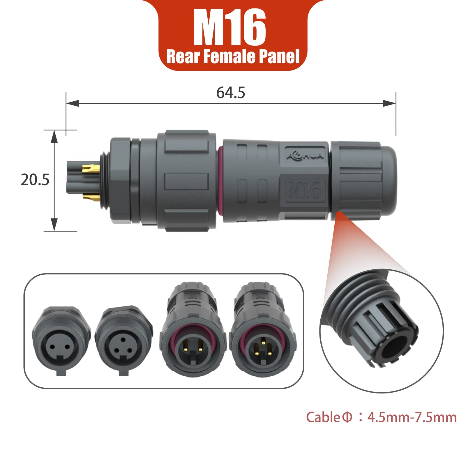 AOHUA M16 Waterproof Connector IP68 Outdoor Electrical plug for 3 pin Cables Ø 4.5-7.5mm UL Certification(Black)(5 Pack)
