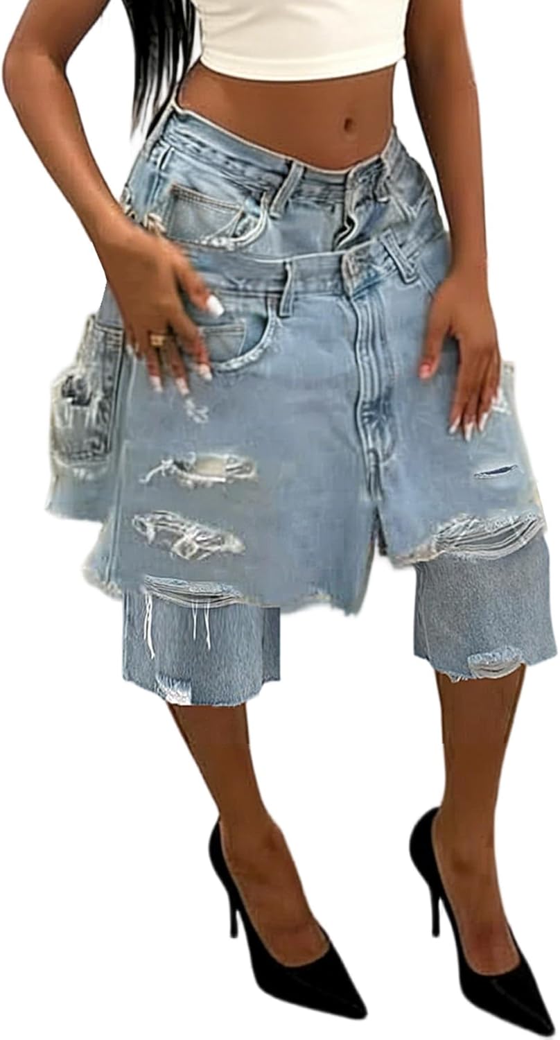 LETSVDO Women Ripped Jean Shorts Baggy Double High Waist Wide Leg Patchwork Frayed Bermuda Denim Shorts Y2k Cargo Jorts
