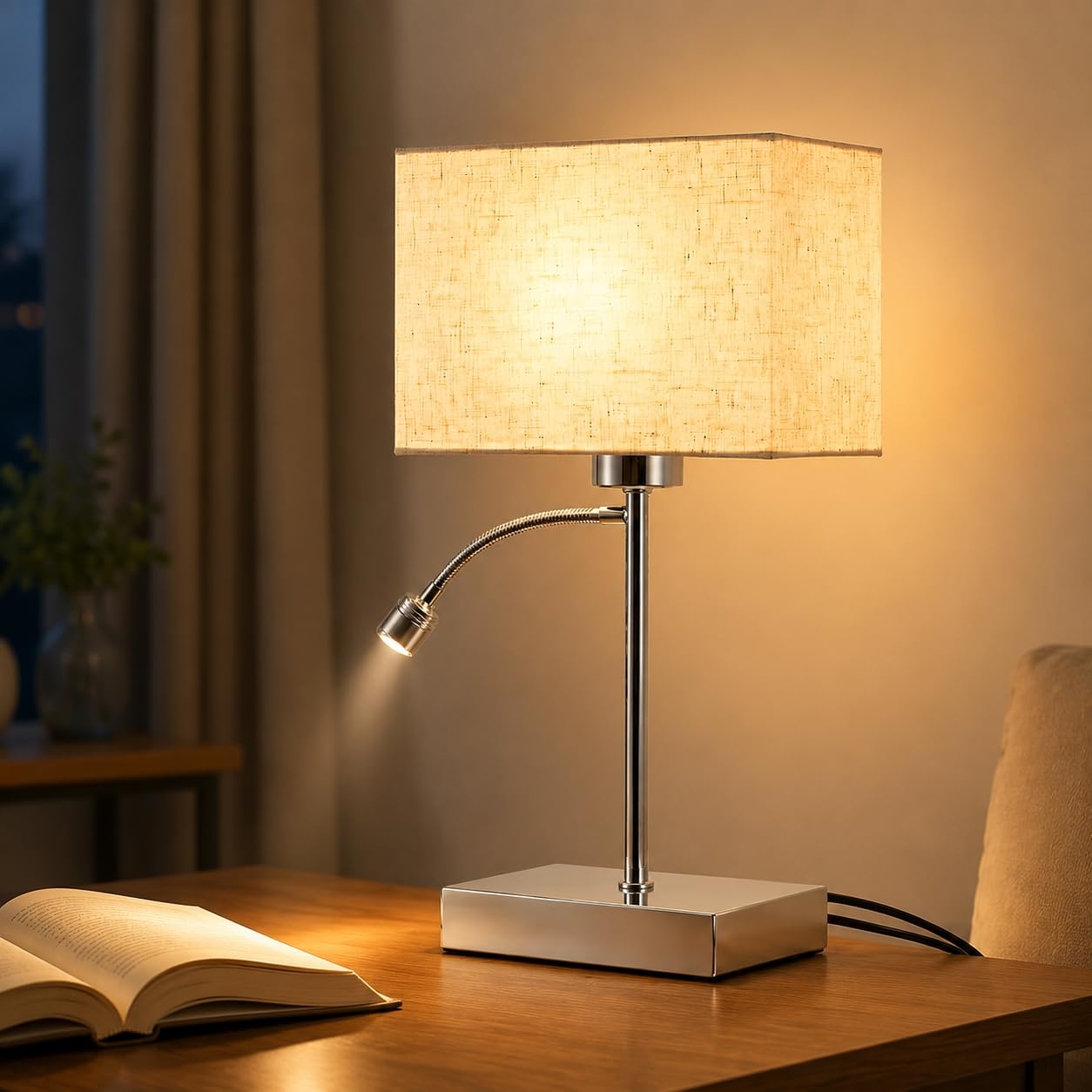 ZMH Lampada da tavolo con cavo, lampada da comodino a LED, E27, design moderno con paralume in tessuto, orientabile a 360°, interruttore separato, lampada da comodino in metallo, per camera da letto