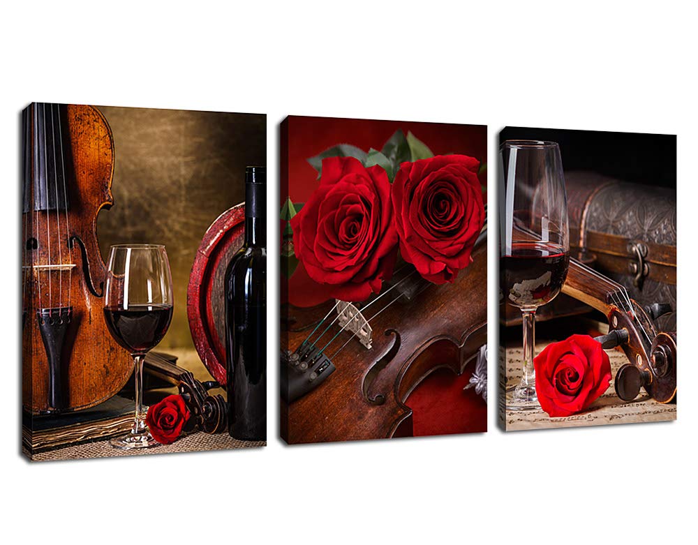 arteWOODSKitchen Wall Art Decor Red Rose Canvas Wall Art Violin Wine Cup Musical Instrument Pictures Bathroom Living Room Bedroom Modern Artworks Framed Ready to Hang 12" x 16" x 3 Pieces