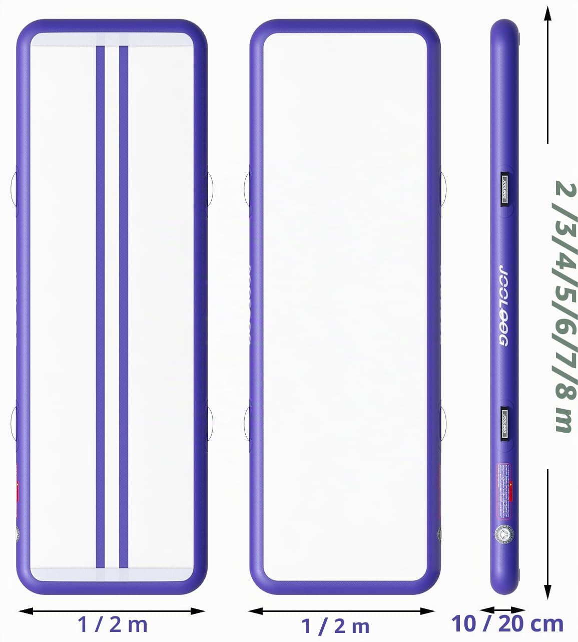 Tapis de gymnastique gonflable JOOLOOG, 3/4/5/6 m/7 m/8 m, en fibre de carbone, 10/20 cm d'épaisseur, pour gymnastique, yoga, taekwondo, avec pompe, purple