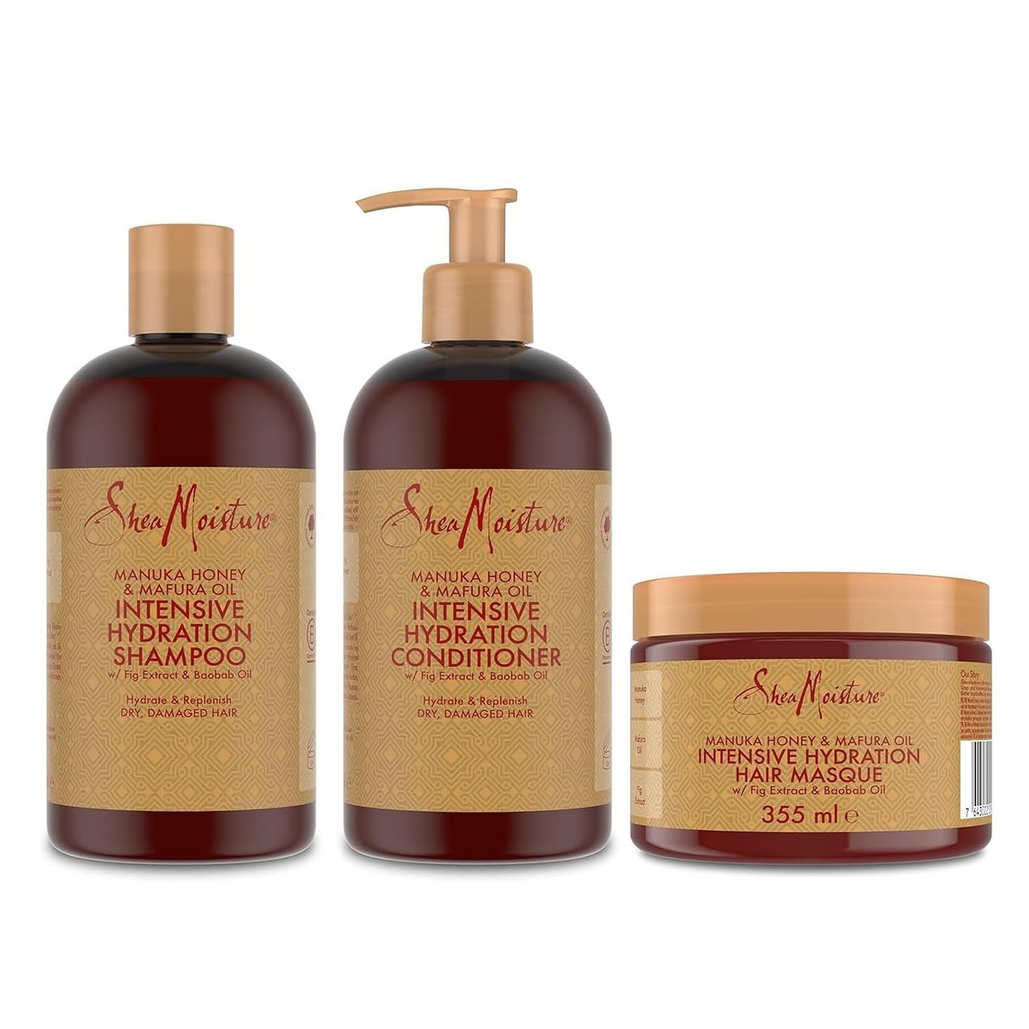 SheaMoisture Champú, Acondicionador y Mascarilla Capilar para cabello seco y dañado con Miel de Manuka y Aceite de Mafura pack para el cuidado del cabello 2x 384 ml, 1x 355 ml - 3 productos