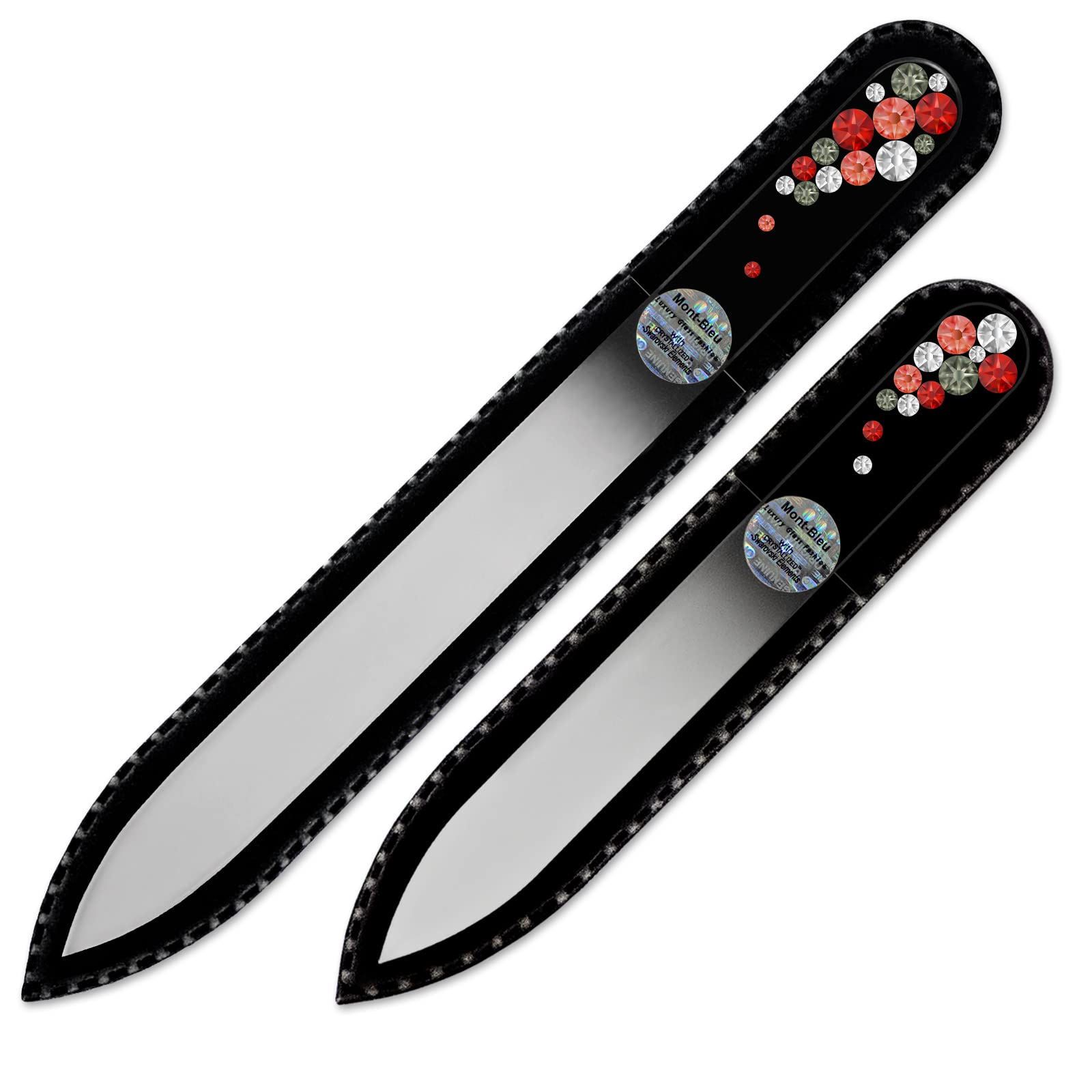 Mont Bleu Lot de 2 limes à ongles en verre, décorée à la main d’éléments Swarovski, pochette en velours noir | Véritable verre trempé tchèque, garantie à vie, Lime à ongles fait main en cristal