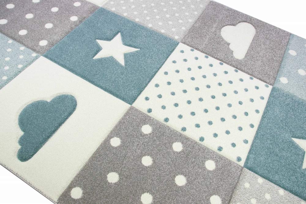 Merinos Kinderteppich Junge Teppich Kinderzimmer mit Stern Wolke in Blau Grau Creme Größe 160x230 cm