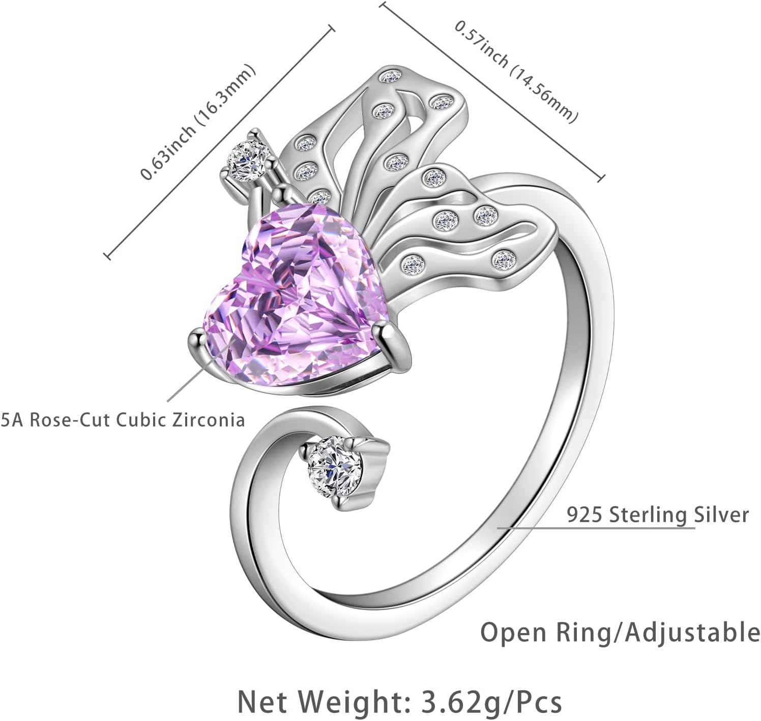 Butterfly Heart Birthstone Ring - 925 Sterling Silver Rose Cut Cubic Zirconia Adjustable Butterfly Ring Anniversary Engagement Promise Ring Birthday Jewelry Gift for Women Wife Mom Daughter - Image 4