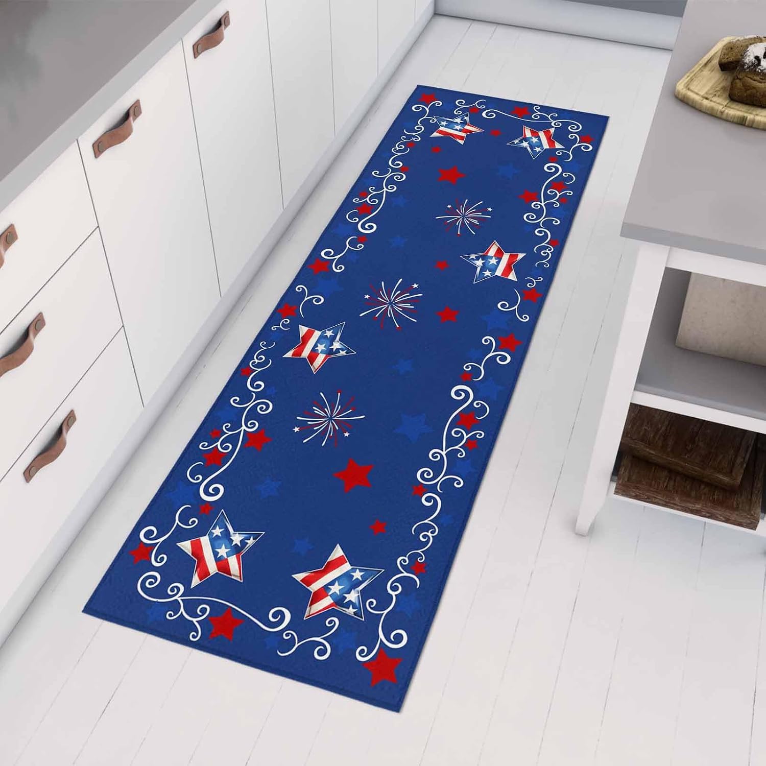 Kitchen Mats for Floor 4th of July Independence Celebration Washable Non Slip Kitchen Rugs 1PCS, Patriotic Star Flag on Blue Absorbent Standing Mats for Sink Bathroom Office Living Room 23.6x70.9in