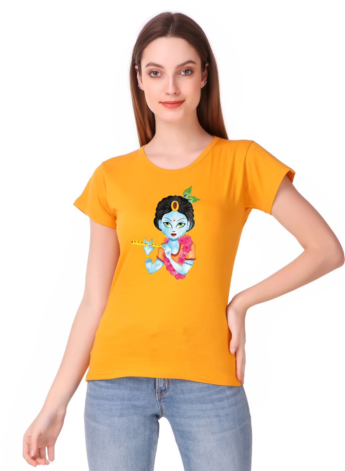PrabhubhaktiGirls Lord Krishna ji Face Text Printed Premium Stylish Women Tshirts | Trendy Krishna Tops for Women | Round Neck 100% Cotton Summer Special Devotional Tshirts for Women YellowTops for Women S