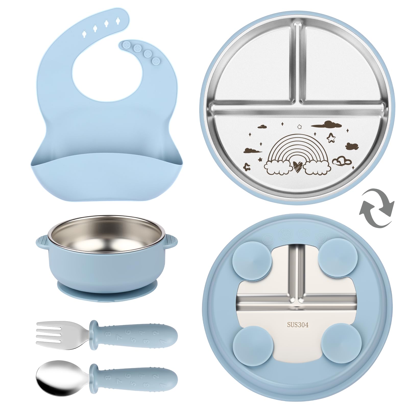 OXYEFEI Edelstahl Teller Baby,Kindergeschirr Set mit Tiermotiven Baby Teller mit Saugnapf Geburtstagsgeschenke für Babys, Taufgeschenke (Blau, Regenbogen)