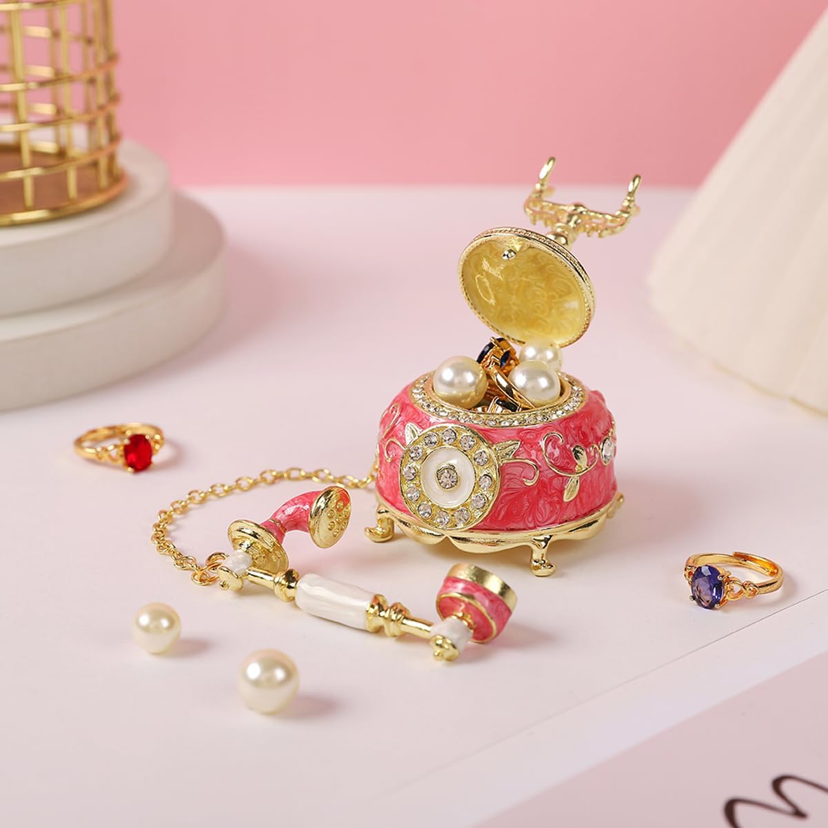 Retro Telephone Shape Trinket Boxes Hinged Hand-Painted Small Jewelry Box Enamel Wedding Favor Unique Gift for Women (Pink1)