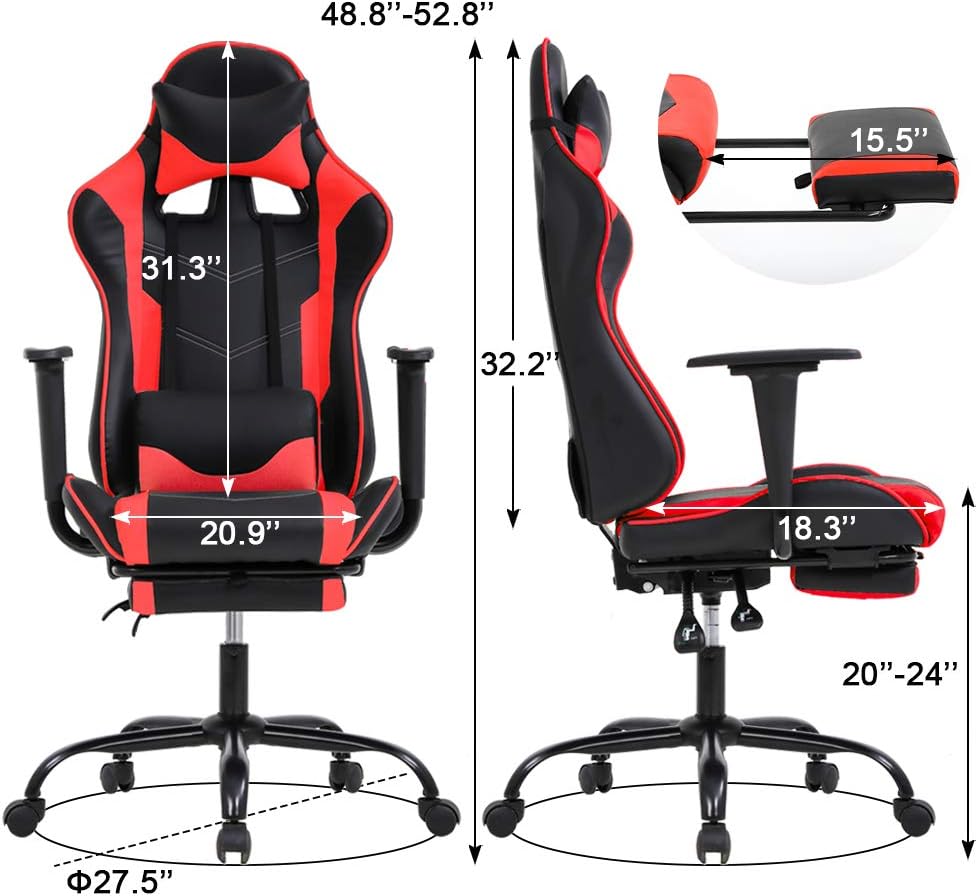 BestOffice Women's Red Gaming Chair, Sturdy Faux Leather, 360-Degree Rotating, Lumbar Support, Massage Vibration, Easy Assembly, 21.7"W x 20.9"D x 45"H