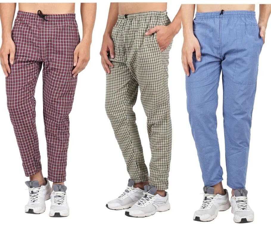 Mens Cotton Checkered Pyjama for Night Wear, Relaxation and Sleep (Pack Of 3)(Red,Yellow&Blue)-image-32