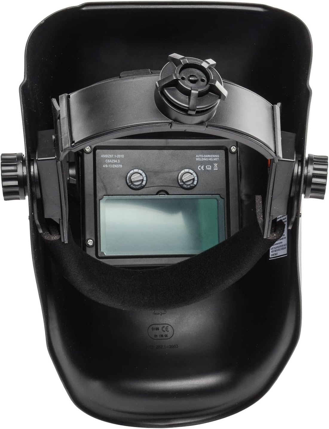JEGS Welding Helmet | Adjustable | 3.62 Inches x 1.65 Inches Viewing Area | 9-13 Outside Shade Knob | Solar & Lithium Battery Power | Adjustable Sensitivity | Fully Automatic | Black