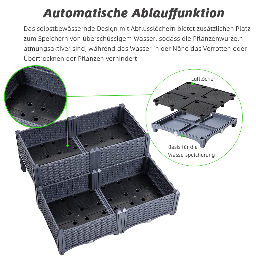 Mingone 4X Blumenkasten Rattan Optik Kunststoff, 40x40, Grau | Wasserspeicher, Balkonkasten, Für Balkon Garten Terrasse