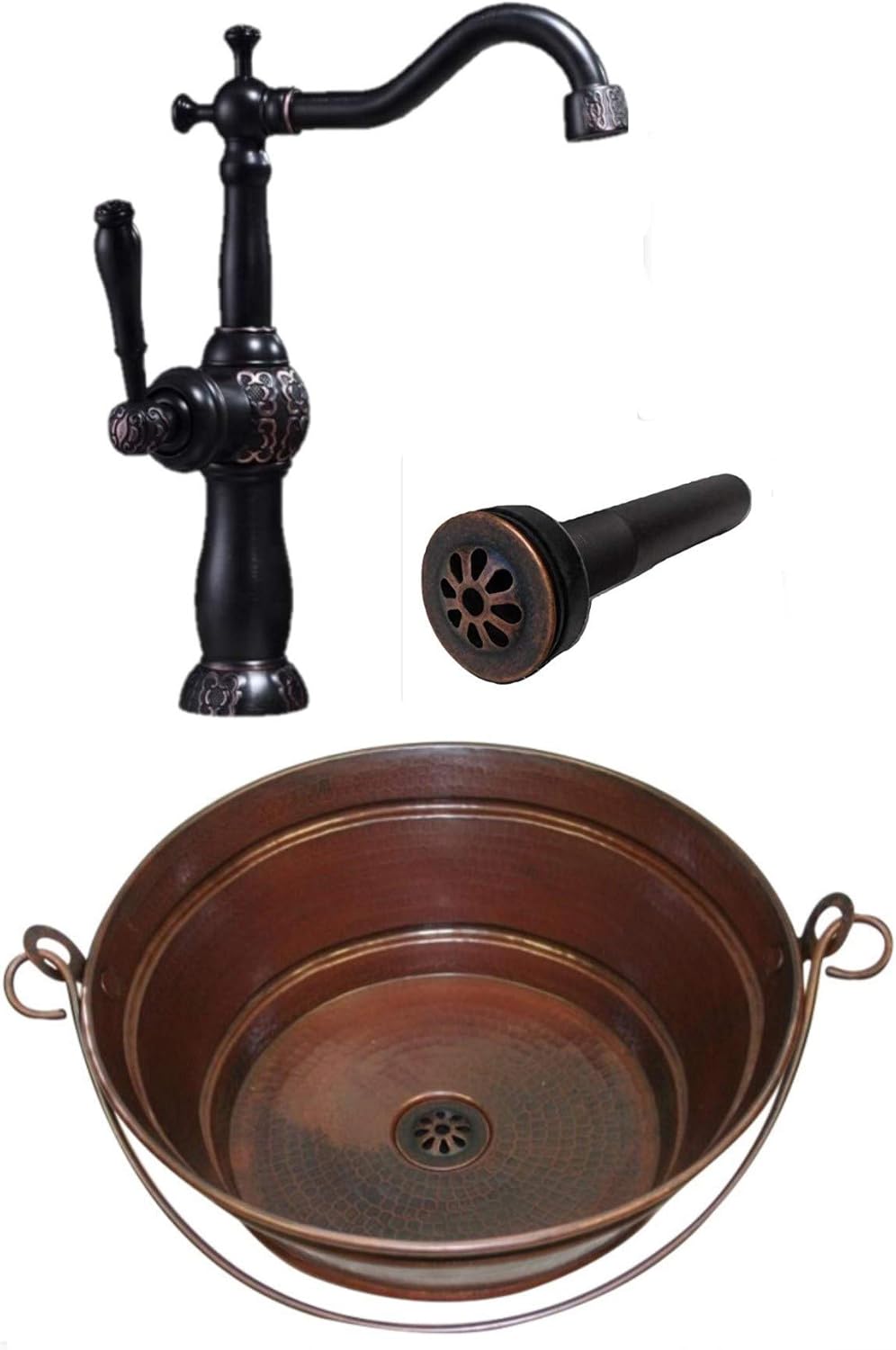 15" Round Vintage Look Copper Bucket Vessel Sink with Daisy Drain and 13" ORB Clayborne Vessel Filler Faucet