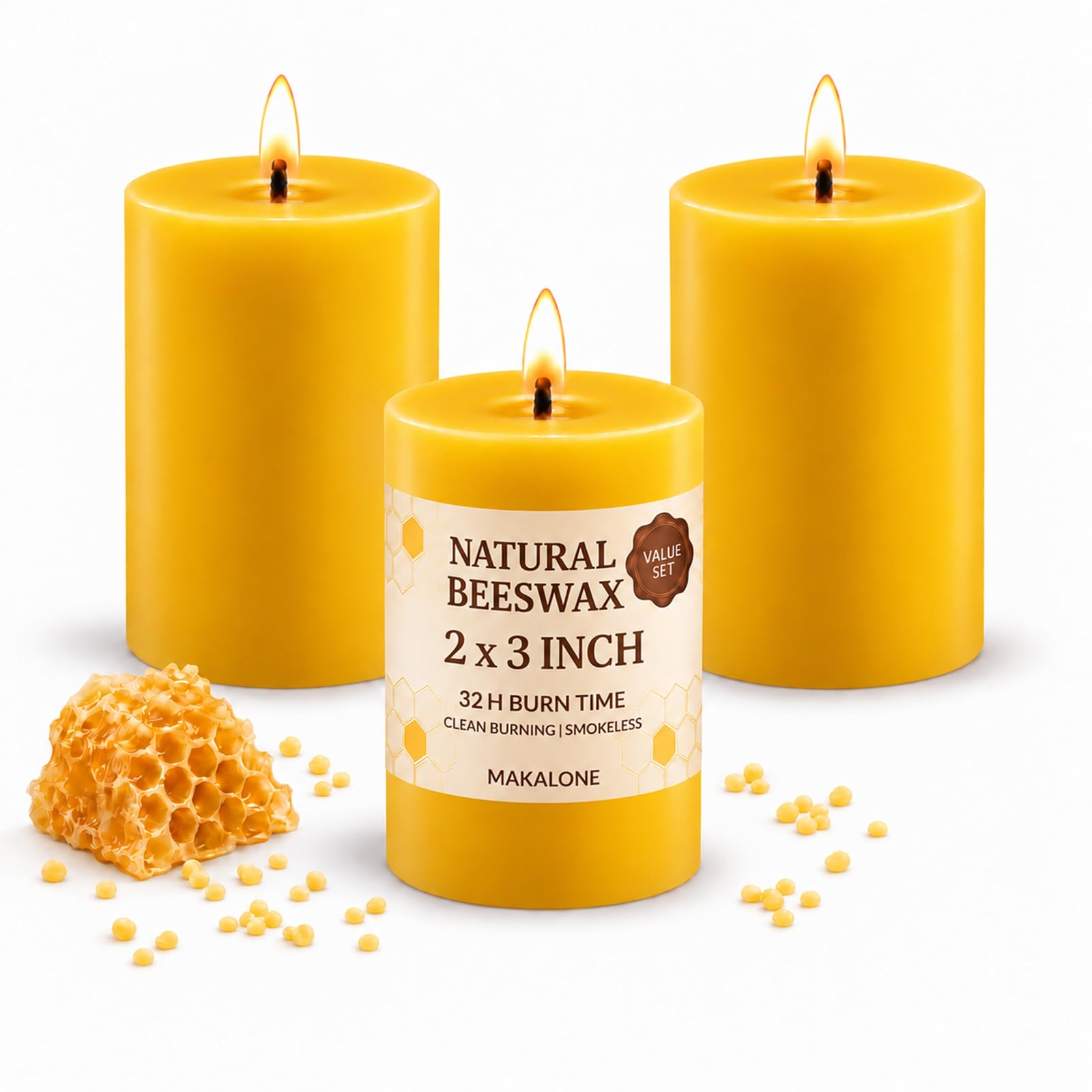 MAKALONE Natural Beeswax Pillar Candles 2x3